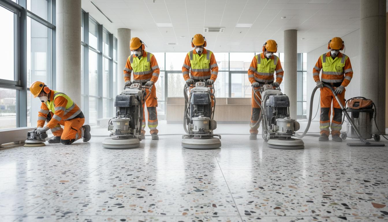 Equipo profesional puliendo suelo de terrazo
